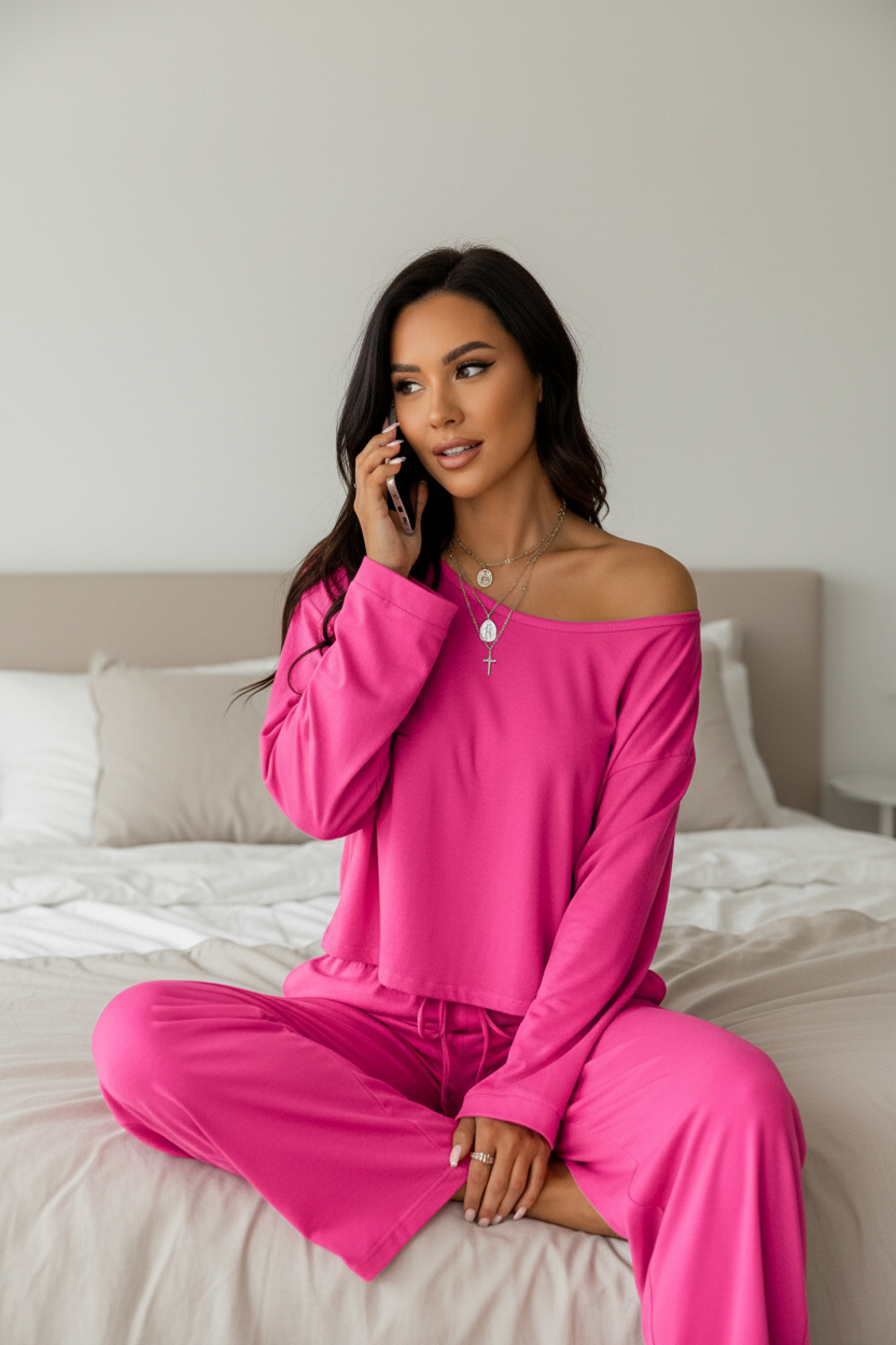 Women's 2-Piece Off-Shoulder Lounge Set – Wide Leg Pants & Long Sleeve Top