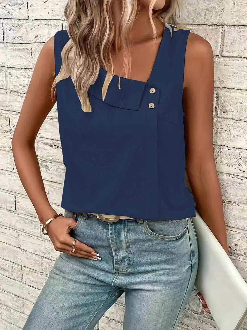 2025 Cross-Border New Women's Clothing Casual Slant Collar Sleeveless Regular Pullover Multi-Color Women's Tops T-Shirt