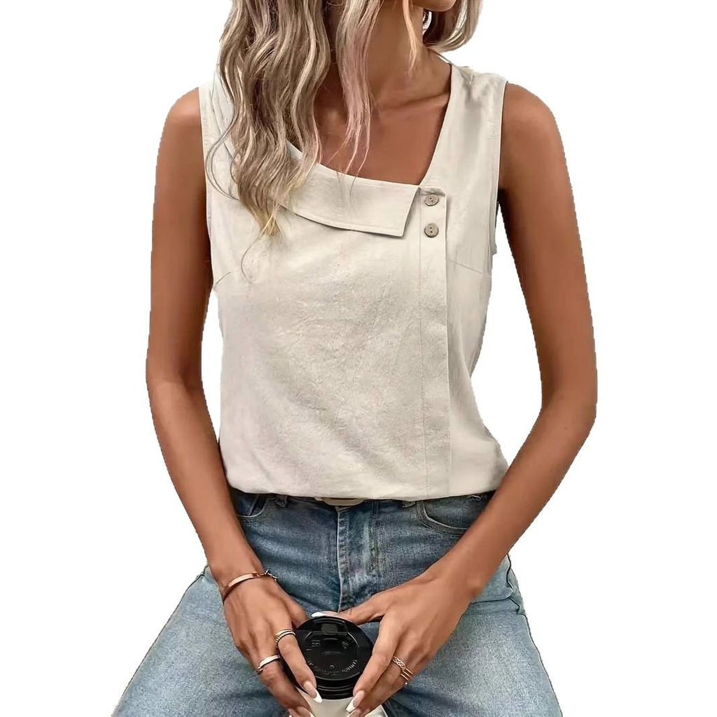 2025 Cross-Border New Women's Clothing Casual Slant Collar Sleeveless Regular Pullover Multi-Color Women's Tops T-Shirt