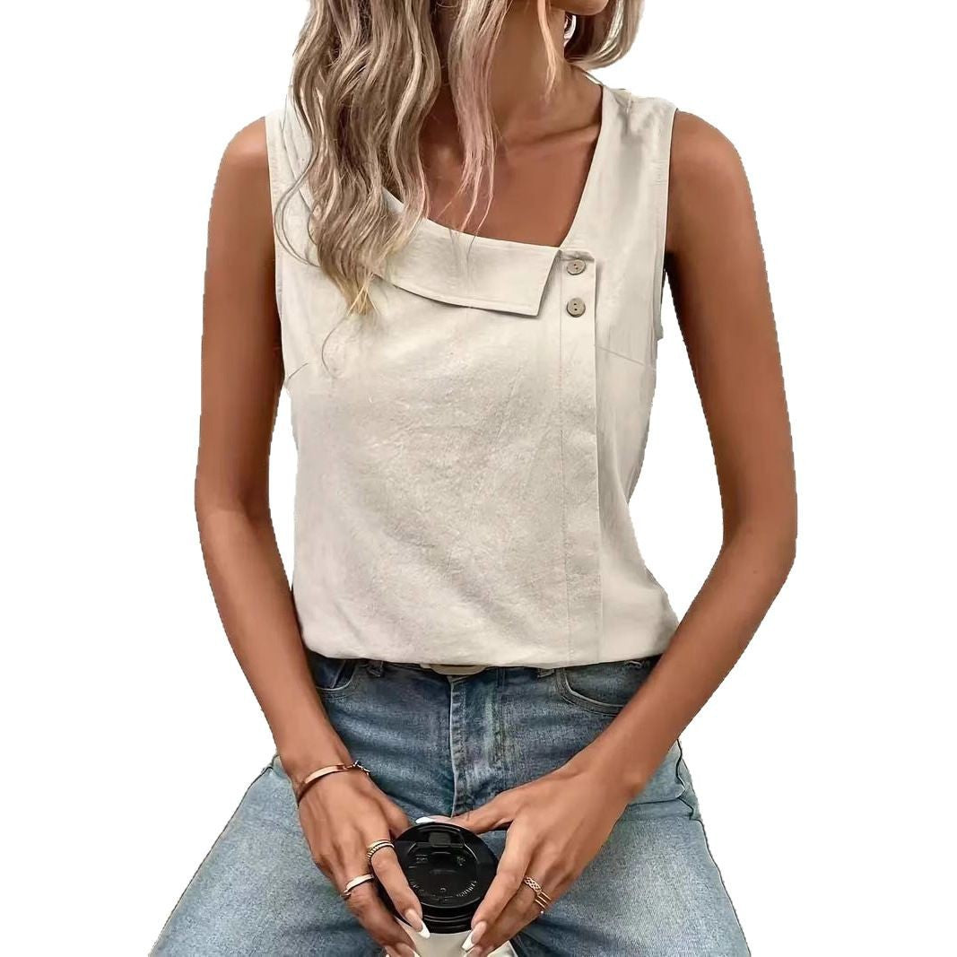 2025 Cross-Border New Women's Clothing Casual Slant Collar Sleeveless Regular Pullover Multi-Color Women's Tops T-Shirt