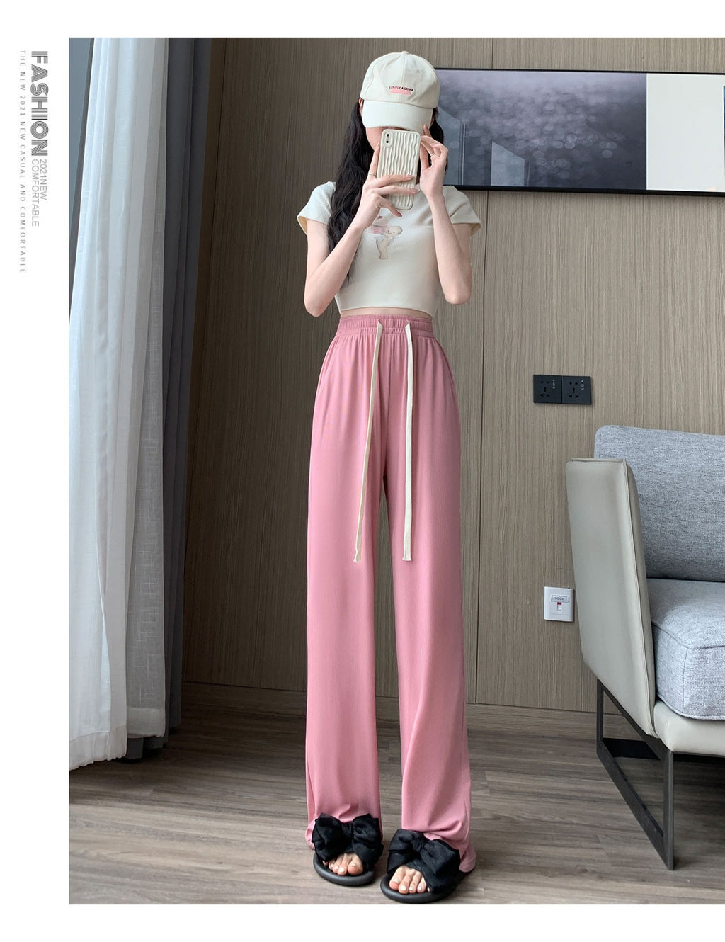 Ice Silk Wide-Leg Pants Women's Summer Thin 2024 New Casual High Waist Dosing Loose Summer Straight Cool Pants