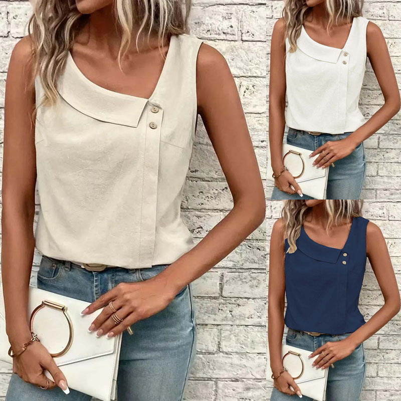 2025 Cross-Border New Women's Clothing Casual Slant Collar Sleeveless Regular Pullover Multi-Color Women's Tops T-Shirt
