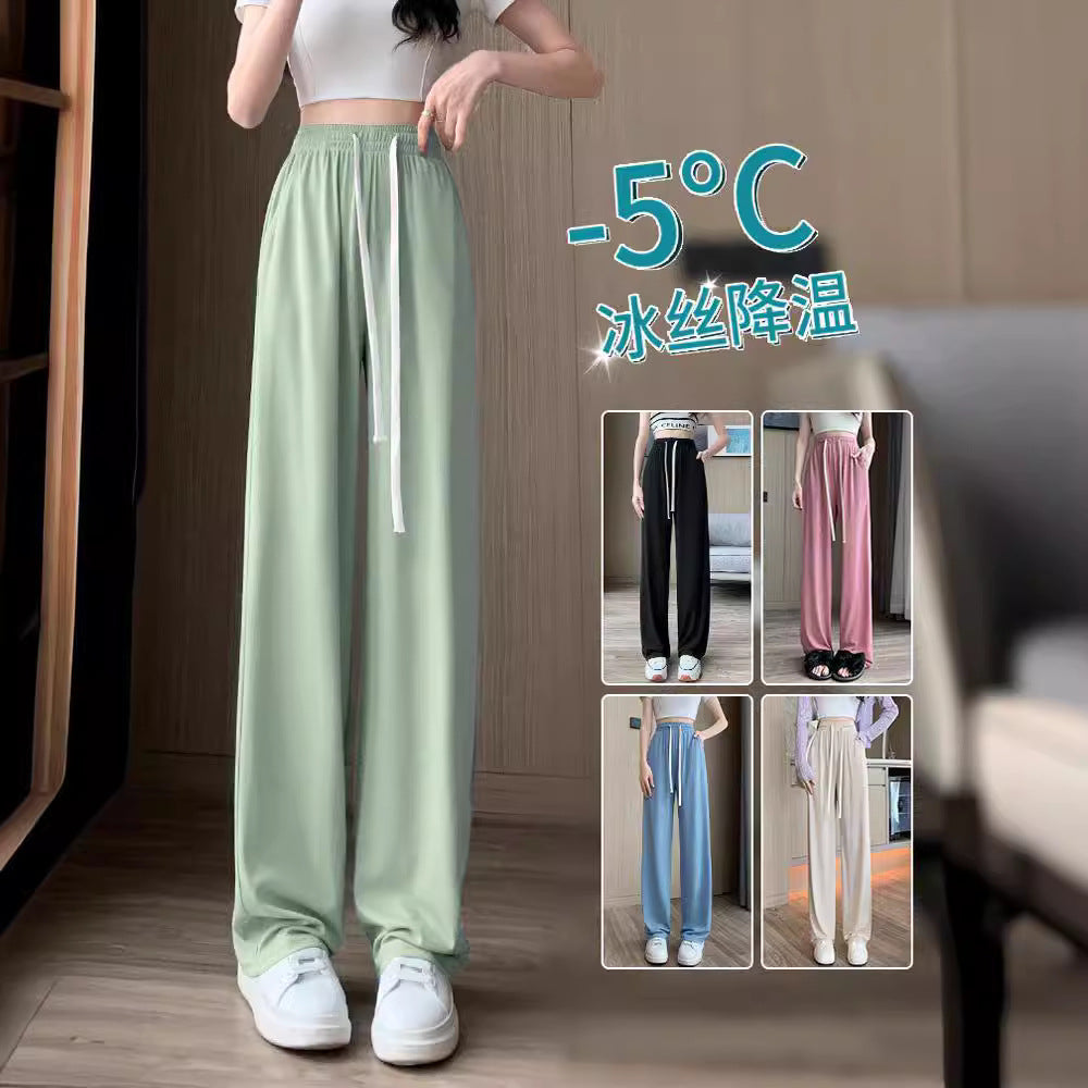 Ice Silk Wide-Leg Pants Women's Summer Thin 2024 New Casual High Waist Dosing Loose Summer Straight Cool Pants