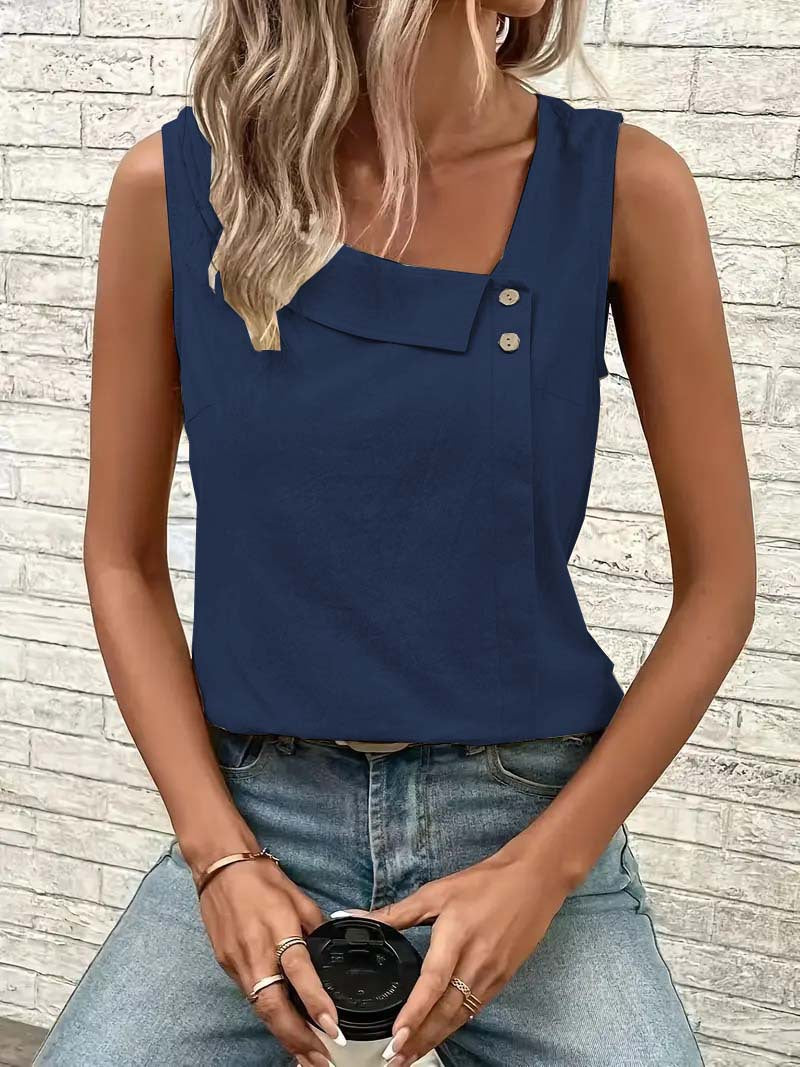 2025 Cross-Border New Women's Clothing Casual Slant Collar Sleeveless Regular Pullover Multi-Color Women's Tops T-Shirt