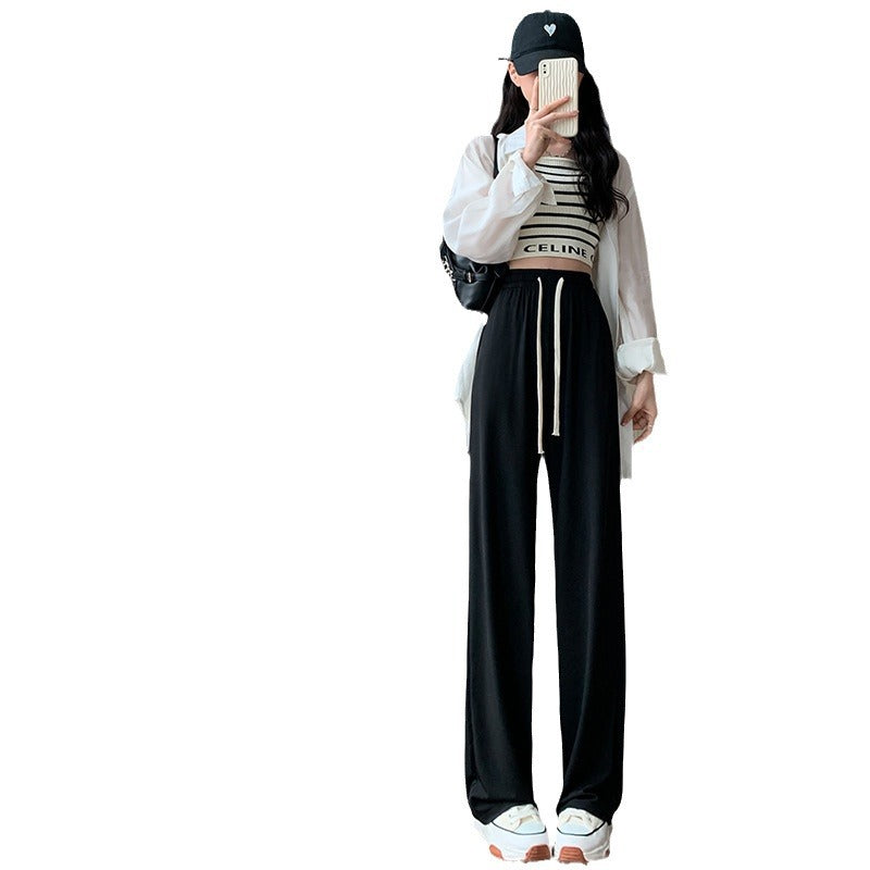 Ice Silk Wide-Leg Pants Women's Summer Thin 2024 New Casual High Waist Dosing Loose Summer Straight Cool Pants