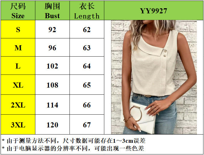 2025 Cross-Border New Women's Clothing Casual Slant Collar Sleeveless Regular Pullover Multi-Color Women's Tops T-Shirt
