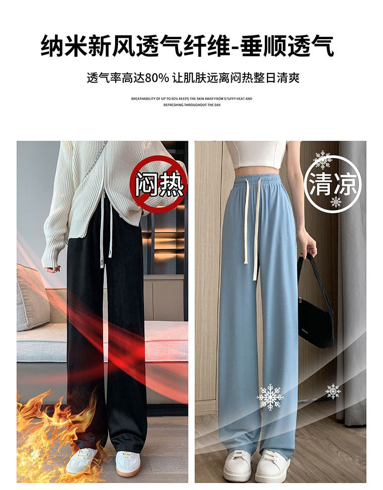 Ice Silk Wide-Leg Pants Women's Summer Thin 2024 New Casual High Waist Dosing Loose Summer Straight Cool Pants