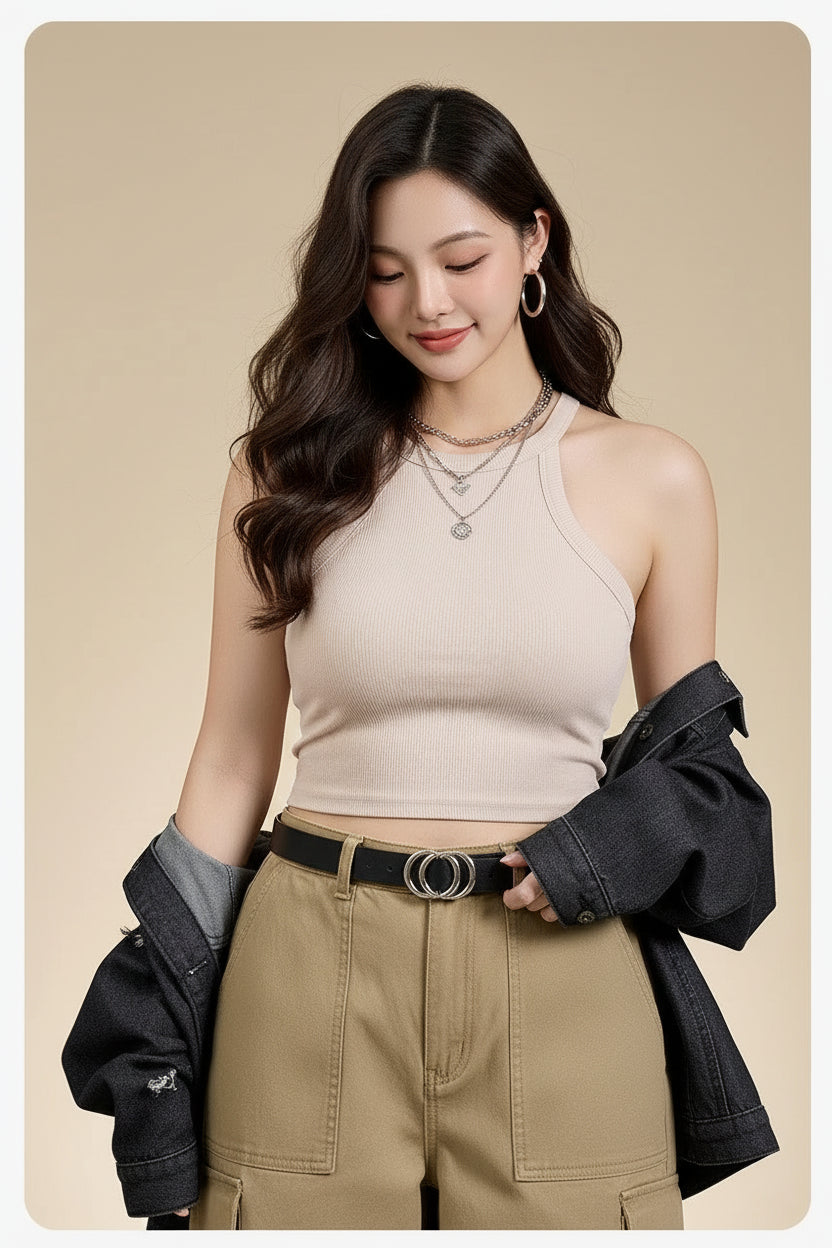 Woman wearing a beige halterneck top with text on a beige background