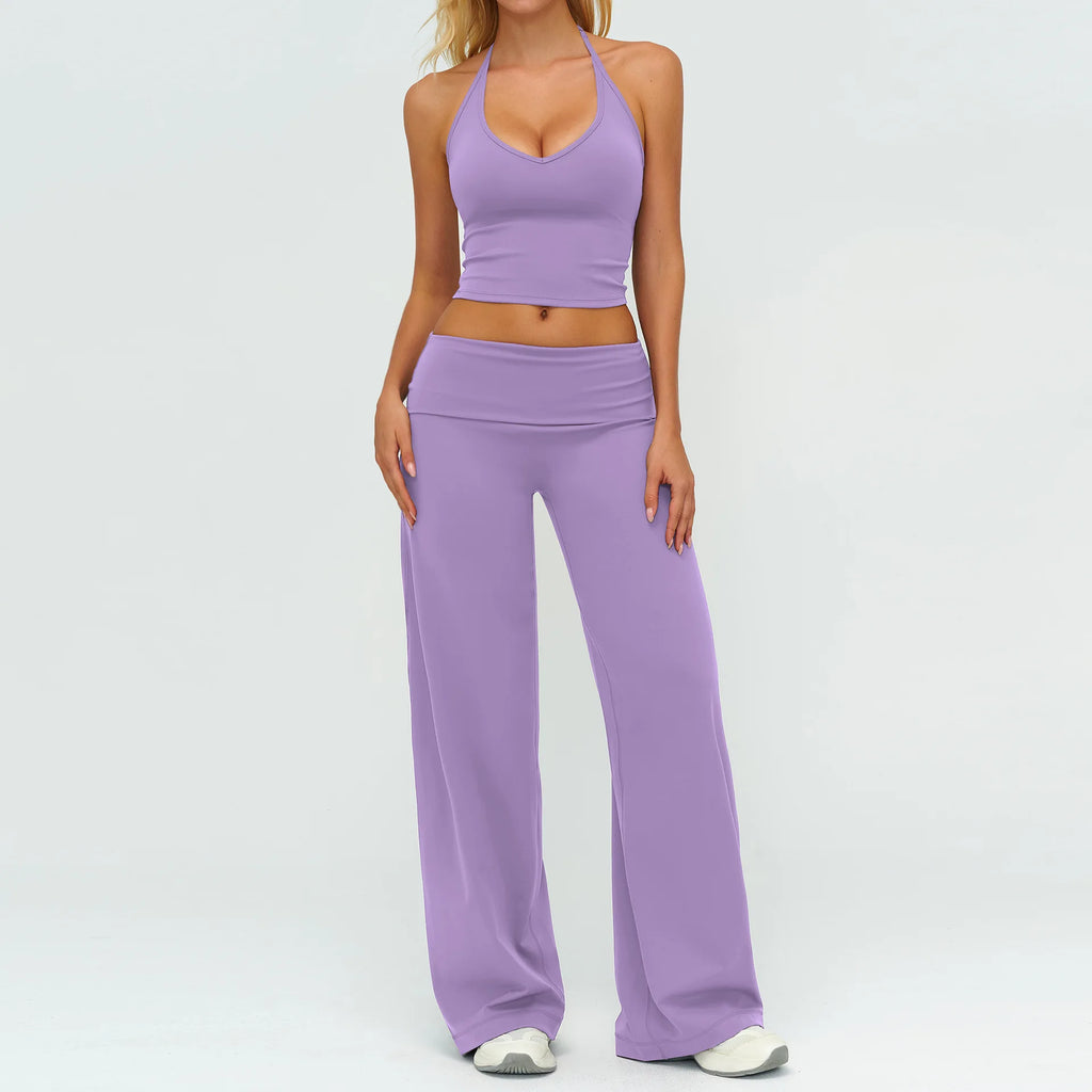 Halter Bra, Zip Jacket & Wide Leg Yoga Set
