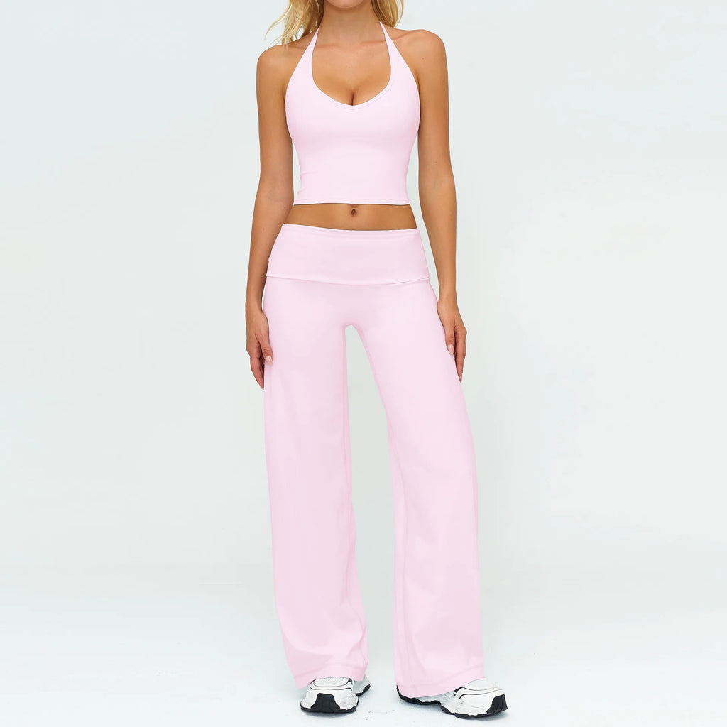 Halter Bra, Zip Jacket & Wide Leg Yoga Set