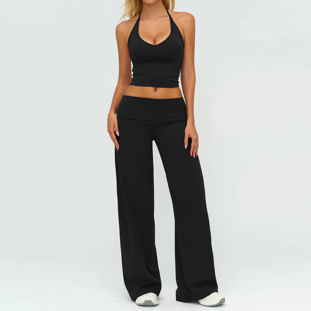 Halter Bra, Zip Jacket & Wide Leg Yoga Set