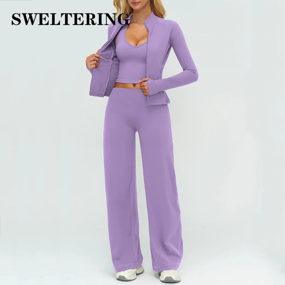 Halter Bra, Zip Jacket & Wide Leg Yoga Set