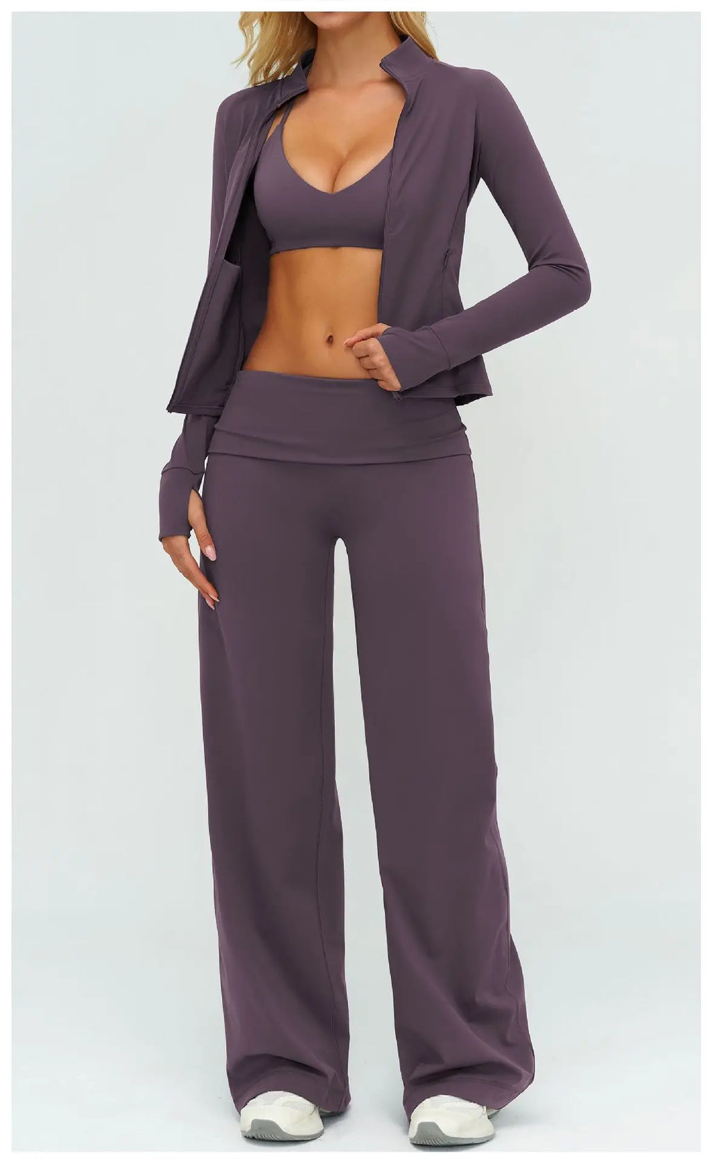 Halter Bra, Zip Jacket & Wide Leg Yoga Set