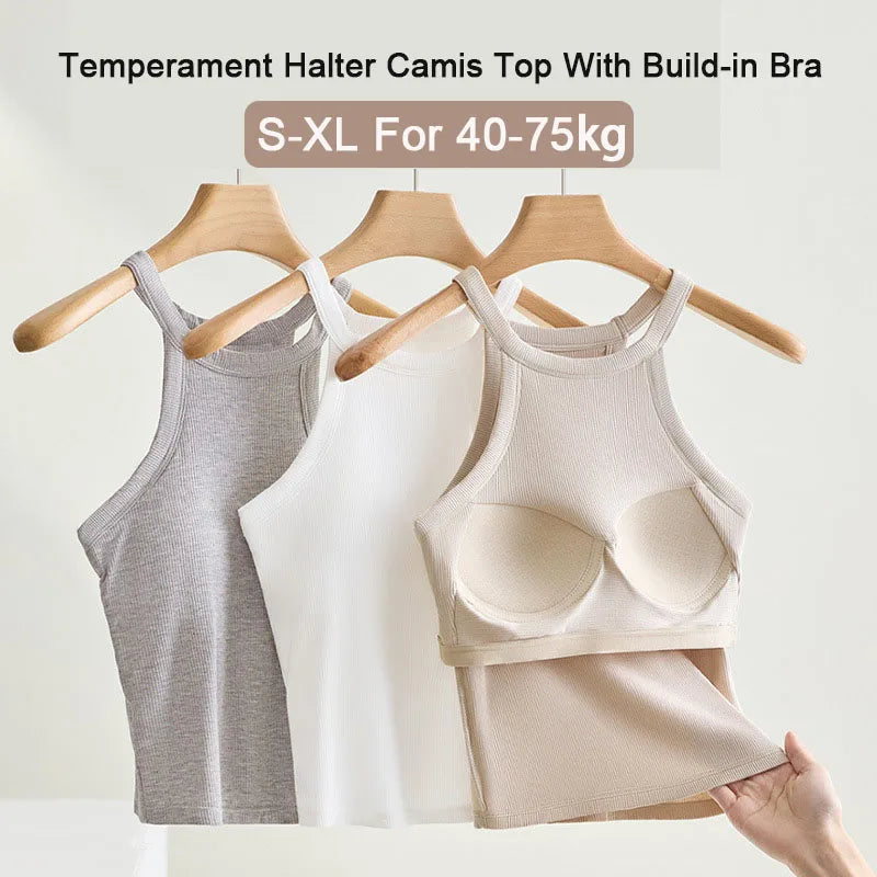 Halter Neck Camisole Top with Built-In Bra