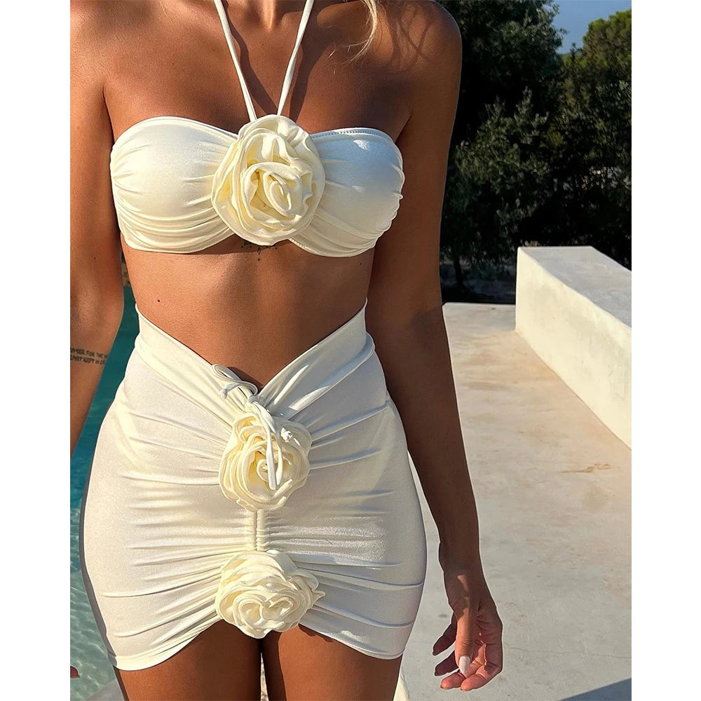 Floral Lace 3-Piece Bikini Set with Cover-Up Skirt