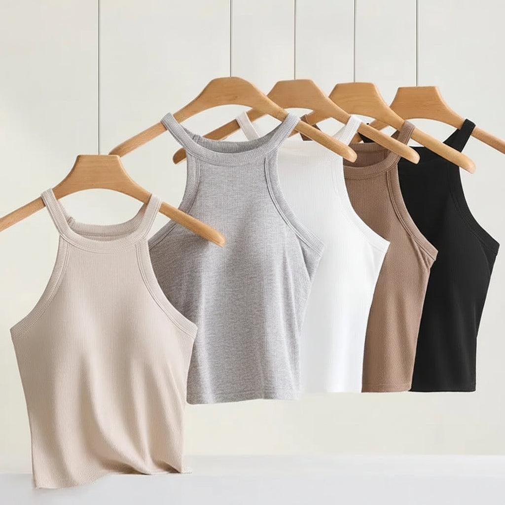 WHITE GREY CREAM TAN AND BLAACK TANKS ON HANGER WITH BRA INSIDE