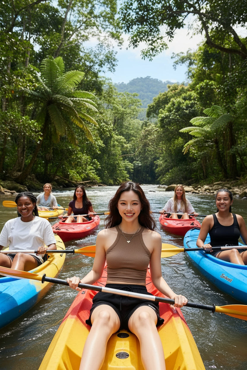 WOMEN WEARING BROWN HALTER GOING DOWN RIVER WITH FRIENDS